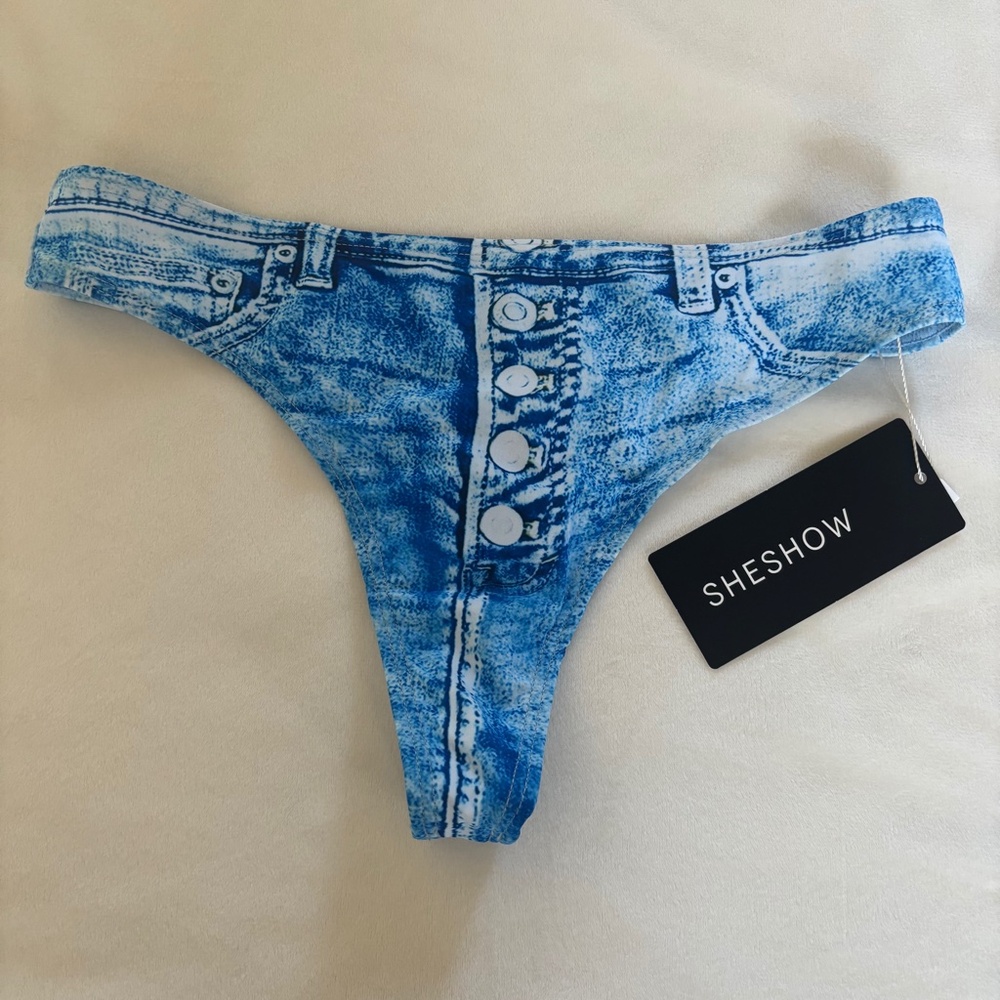 SheShow Bikini Bottom Thong Blue Jeans Denim Cut Offs Look Women's Size S NWT